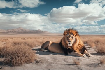 Lion resting on desert sands with a majestic gaze