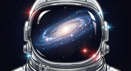 Conceptual and artistic image of a spiral galaxy reflected clearly in the visor or helmet of an astronaut, symbolizing the vastness of the universe and human exploration.