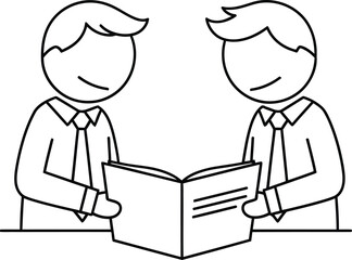 Two simple cartoon businessmen in suits standing together and reading an open book together on a white background
