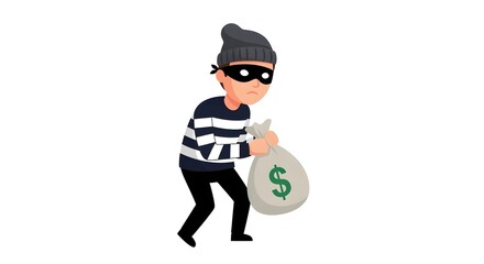A cartoon-style thief in a striped shirt holds a bag of money with a somber expression on his face.