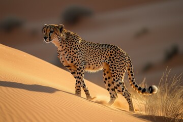 Cheetah walking across the desert dunes