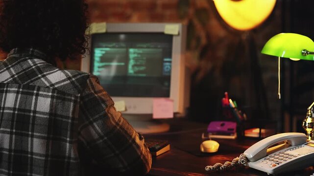 IT specialist from 90s working with software code on retro computer in office