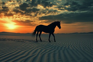 Black horse walking across desert dunes during sunset