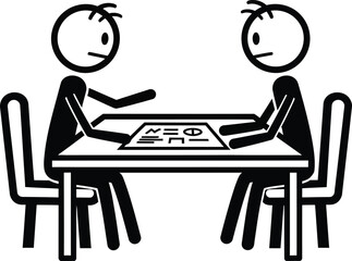 Two stick figures sitting at a table playing a board game with simple drawings and a black and white illustration style