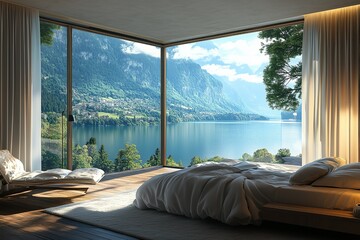 Luxury bedroom with a panoramic lake view and mountains