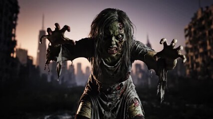 Eerie Zombie Monster Emerging in a Post-Apocalyptic Cityscape at Dusk for a Horror Film Scene