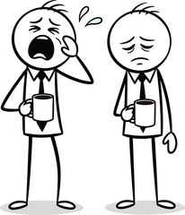 Two stick figure businessmen in suits holding coffee cups one crying and looking exhausted the other looking sad and dejected