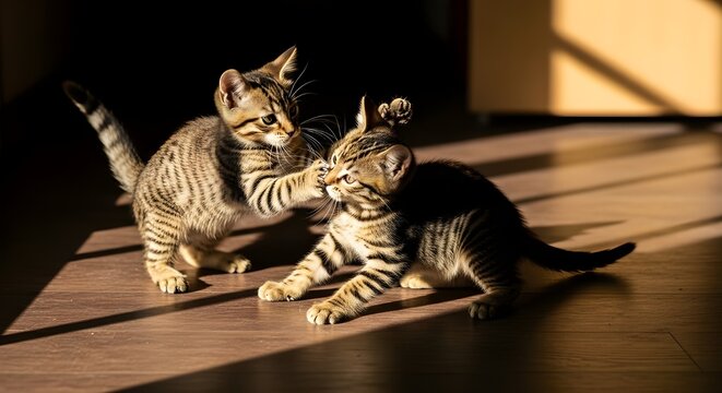 Two tabby kittens playing in sunlight with long shadows.