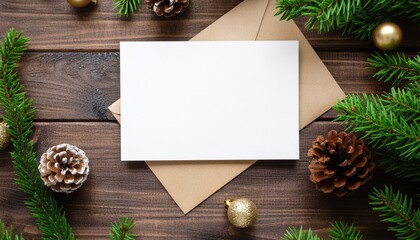 Christmas card mock up flat lay. Empty greeting card on rustic table with fir branches and pine cones. Space for text. Season's greetings. Zero waste eco postcard template. Merry Christmas