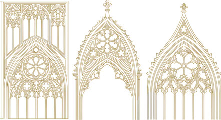 Gothic cathedral window designs, ornate medieval architecture elements, detailed tracery arches, vintage church window illustration, historical decorative frame pattern collection
