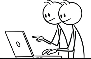 Two stick figures collaborating and pointing at a laptop screen working together on a project or task