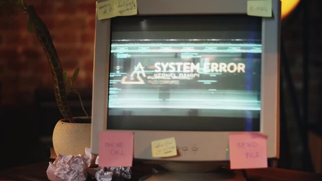System error message flashing on retro computer screen in office, lost files