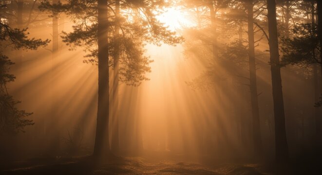 Bright sunlight streams through a thick, misty forest canopy illuminating tall tree trunks. - Powered by Adobe