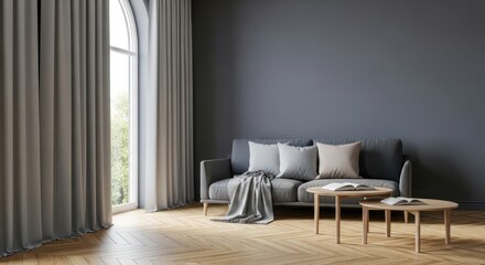 Fototapeta premium Modern living room with gray sofa, coffee tables, and large window with gray curtains, showcasing a minimalist and cozy interior design