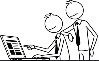 Two cartoon stick figures in business attire collaborating and looking at a laptop screen together in a simple line drawing style