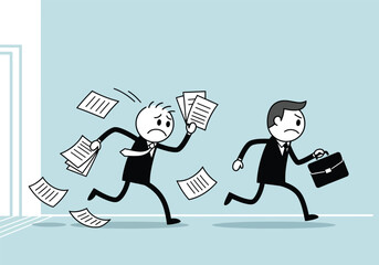 Two cartoon businessmen running frantically one dropping papers the other carrying a briefcase symbolizing stress and deadlines