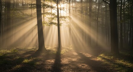 Obraz premium Brilliant sunbeams pierce through the dense morning mist illuminating a woodland path