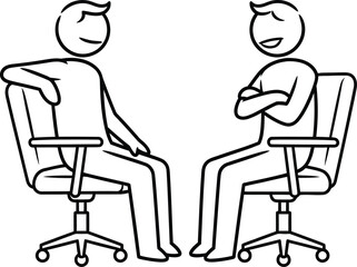 Two stick figure people sitting in office chairs facing each other in a discussion or meeting