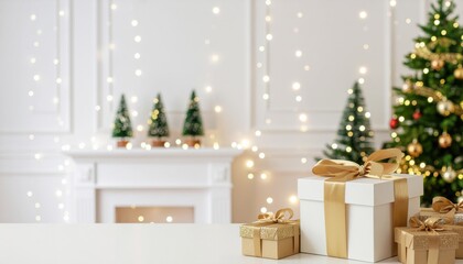 Empty of Christmas Blurred on Background. Blank Christmas. Gifts. Christmas Trees. Product Mockup. Copy space.