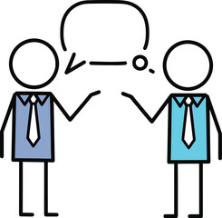 Two simple stick figure people in suits having a conversation with a blank speech bubble above their heads