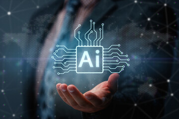 Hand holding a glowing AI chip with world map, hexagonal grid and digital network. Concept of artificial intelligence, global data, innovation and future technology.