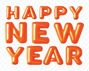 abstract 3d Happy New Year text effect made by different color foil balloons isolated on transparent background