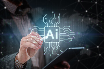 Hand with stylus interacting with glowing AI chip over world map, hex grid and digital network. Concept of artificial intelligence, data, automation and future tech.