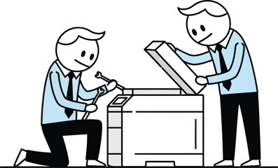 Two cartoon businessmen working together on a project one writing and the other operating a machine illustrating teamwork and collaboration in the office
