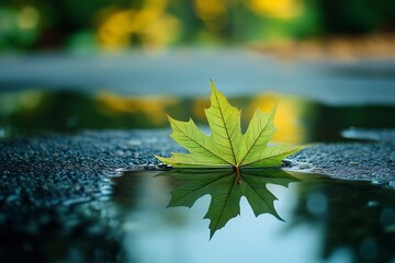 Green leaf floating on a wet surface with reflections