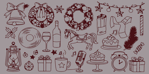 party Icons Set, Collection Of Wreath Bell Cake And Gift Symbols For Holiday Design Project Management And Decoration Applications

