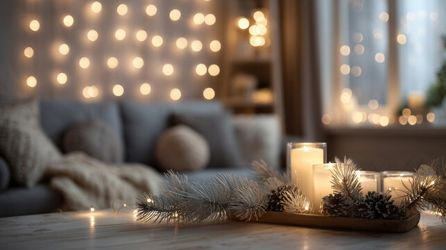 Minimalist winter living room with pine décor, warm fairy lights, and cozy holiday atmosphere. Scandinavian style living room, soft lights, mine branch décor, candles, winter atmosphere. - Powered by Adobe