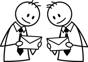 Two simple cartoon stick figures in business attire exchanging envelopes with smiles on a white background