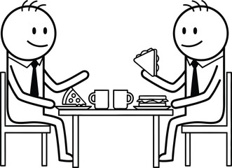 Two smiling stick figures in suits sitting at a table discussing documents and papers in a simple line art illustration