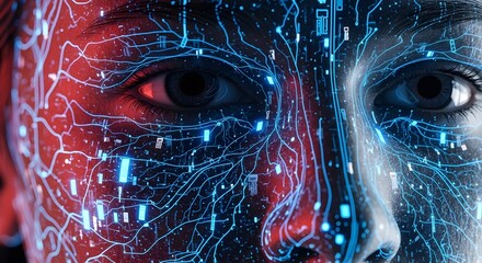 Macro close-up of a face with transparent skin revealing glowing circuits and flowing digital data instead of blood veins.

