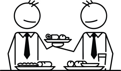 Two stick figures in suits sharing a meal or food item over a table representing collaboration or a business lunch