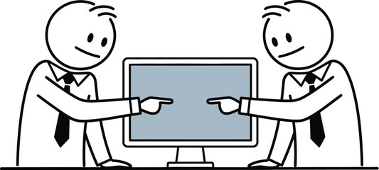 Two stick figure businessmen pointing at a computer screen collaborating on a project or discussing ideas in a modern office setting