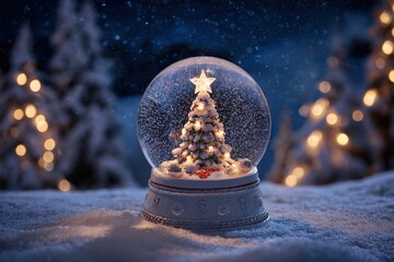 Illuminated miniature tree inside a glass globe rests upon freshly fallen snow at night