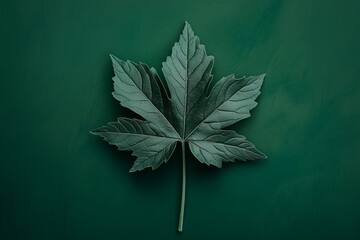 Single dark green leaf on a dark green background