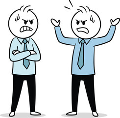Two cartoon stick figures in business attire arguing and expressing anger with frustrated expressions and gestures on a white background