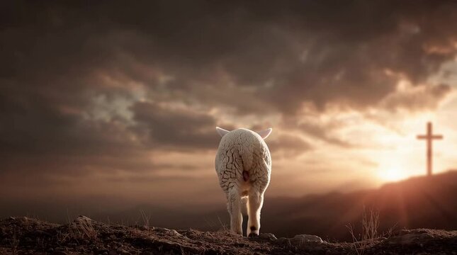 Concept of resurrection of jesus christ lamb of god in front with cross in background and sunset 