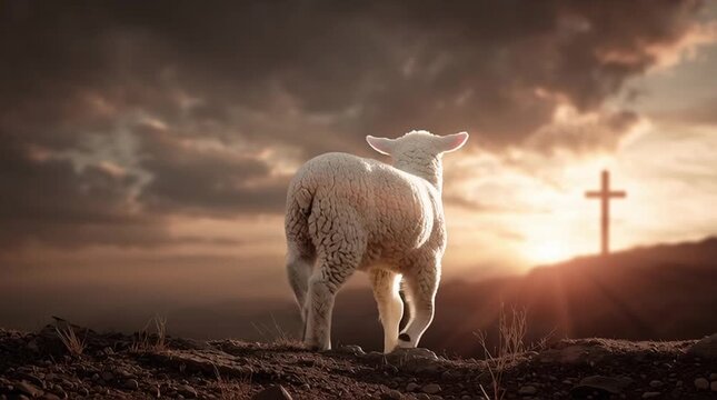 Concept of resurrection of jesus christ lamb of god in front with cross in background and sunset 
