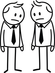 Two sad stick figures in suits standing together looking down with concerned expressions on white background