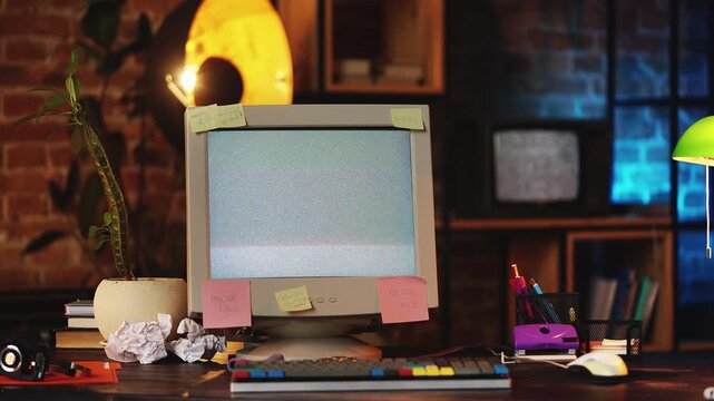 White noise on retro computer monitor in 90s office, internet blackout issue