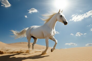White horse galloping in the desert under bright blue sky