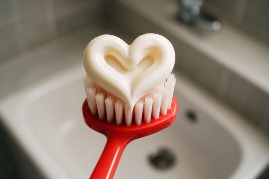 white toothpaste squeezed in heart shape on red toothbrush with detailed natural texture and clearly defined bristles, modern bathroom background, romantic concept. Healrh care concept