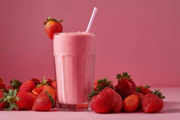 Strawberry smoothie in a glass with fresh strawberries