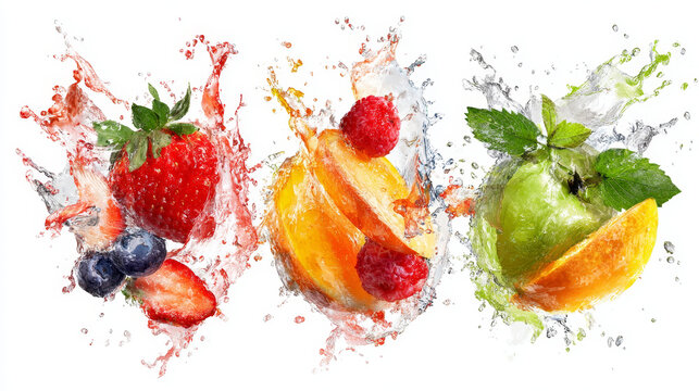Set of fresh fruits falling into splashes of juice.
 - Powered by Adobe