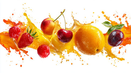 Set of fresh fruits falling into splashes of juice.
