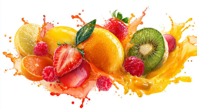 Set of fresh fruits falling into splashes of juice.

