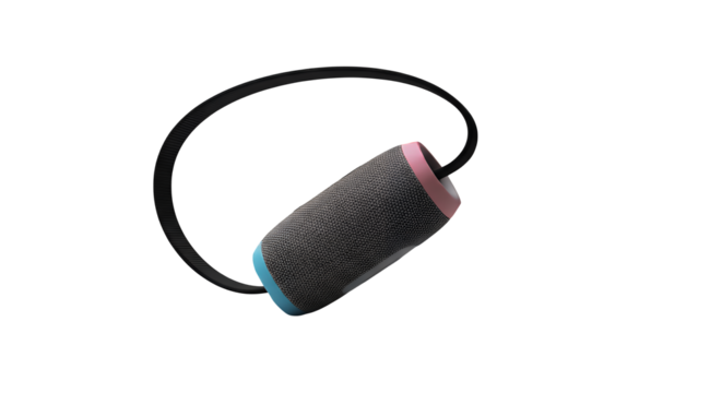 Sleek compact portable wireless audio device in gray with pink and blue accents, connected to a black strap for carrying, isolated on transparent background